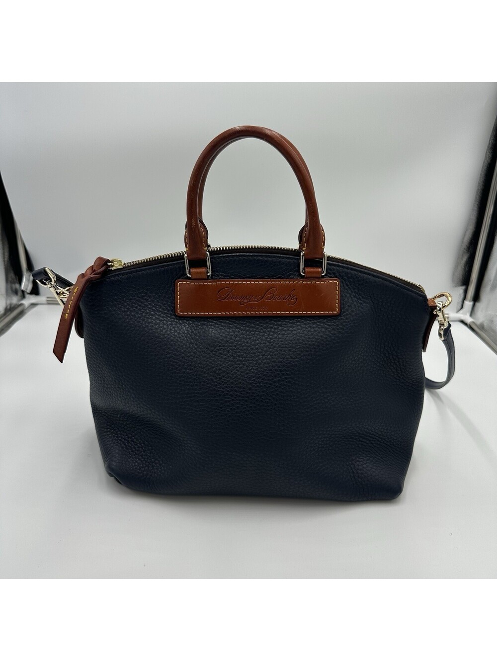 Dooney & Bourke Florentine Vacchetta Leather Navy Brown Satchel Crossbody Bag‎